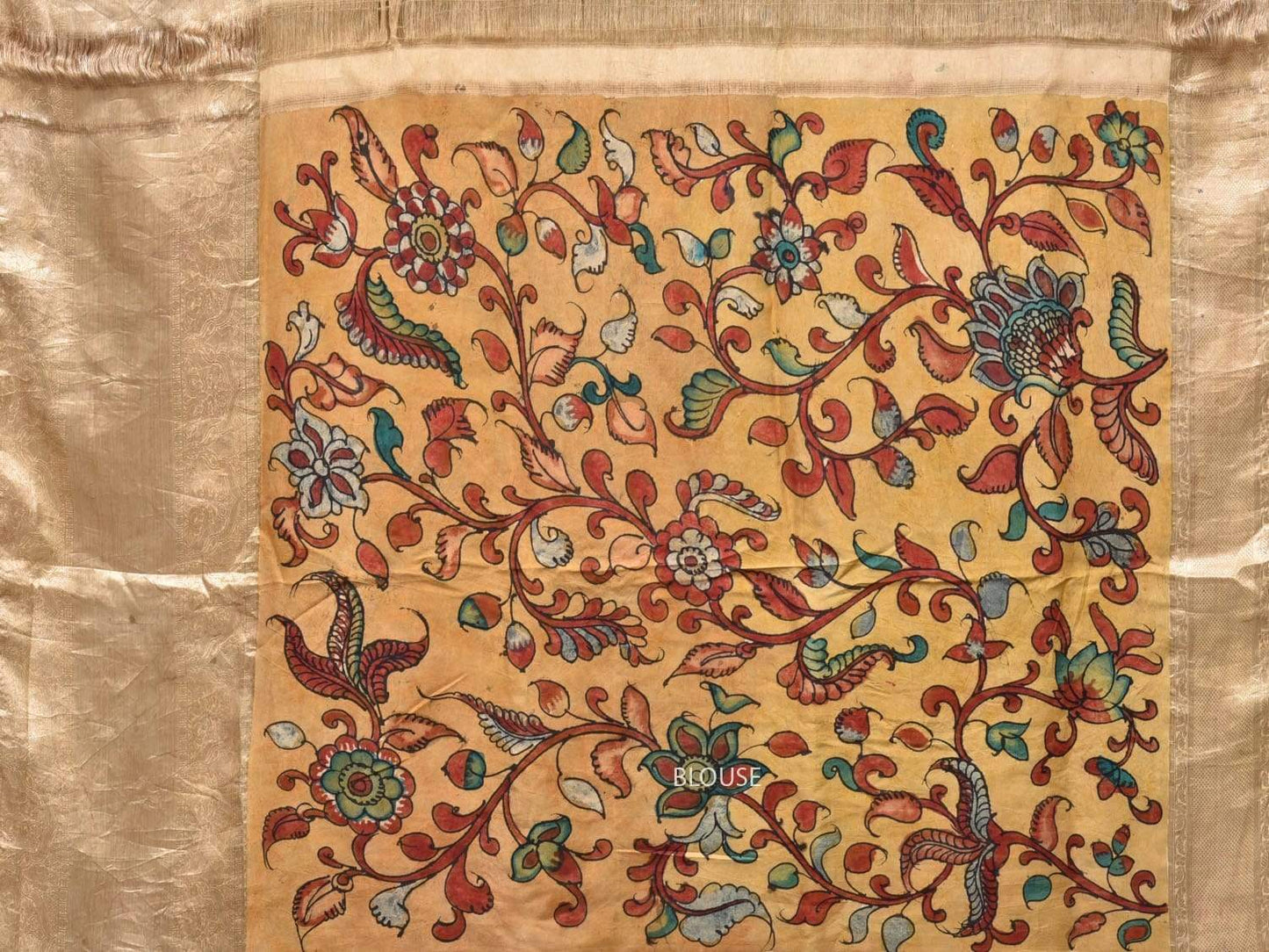 Olive Kalamkari Hand Painted Kanchipuram Silk Handloom Saree with Birds and Flowers Design KL0418