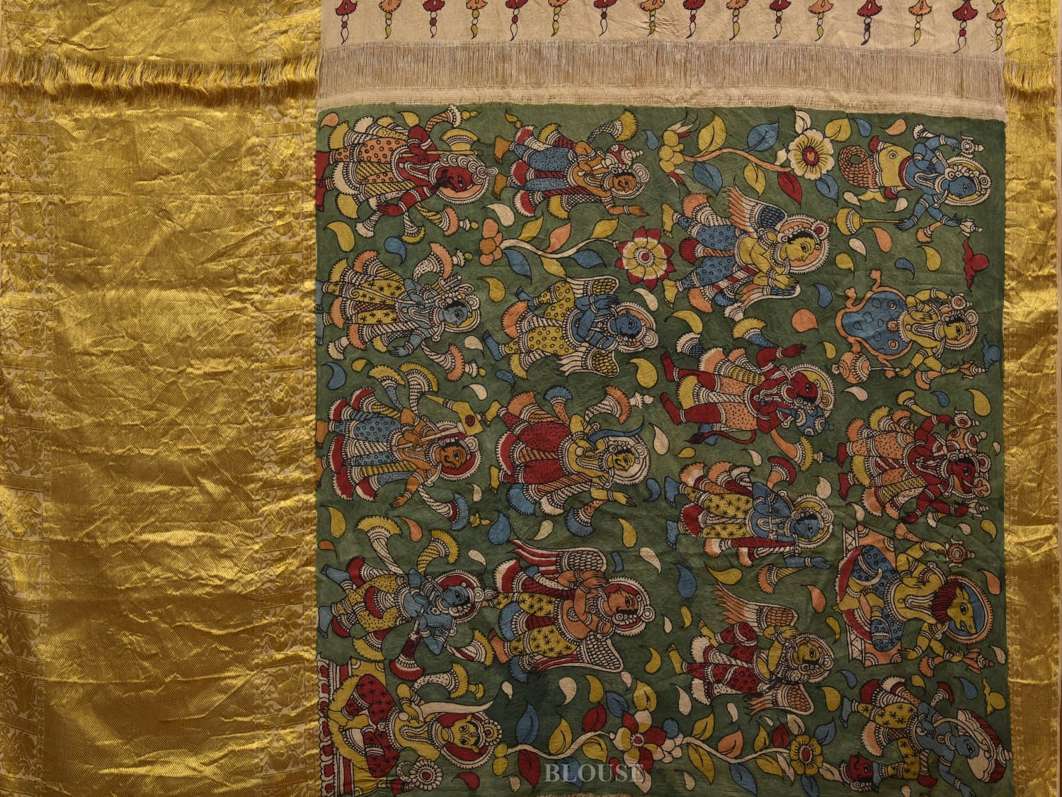 Olive Kalamkari Hand Painted Kanchipuram Silk Handloom Saree with Dashavatar Design KL0633