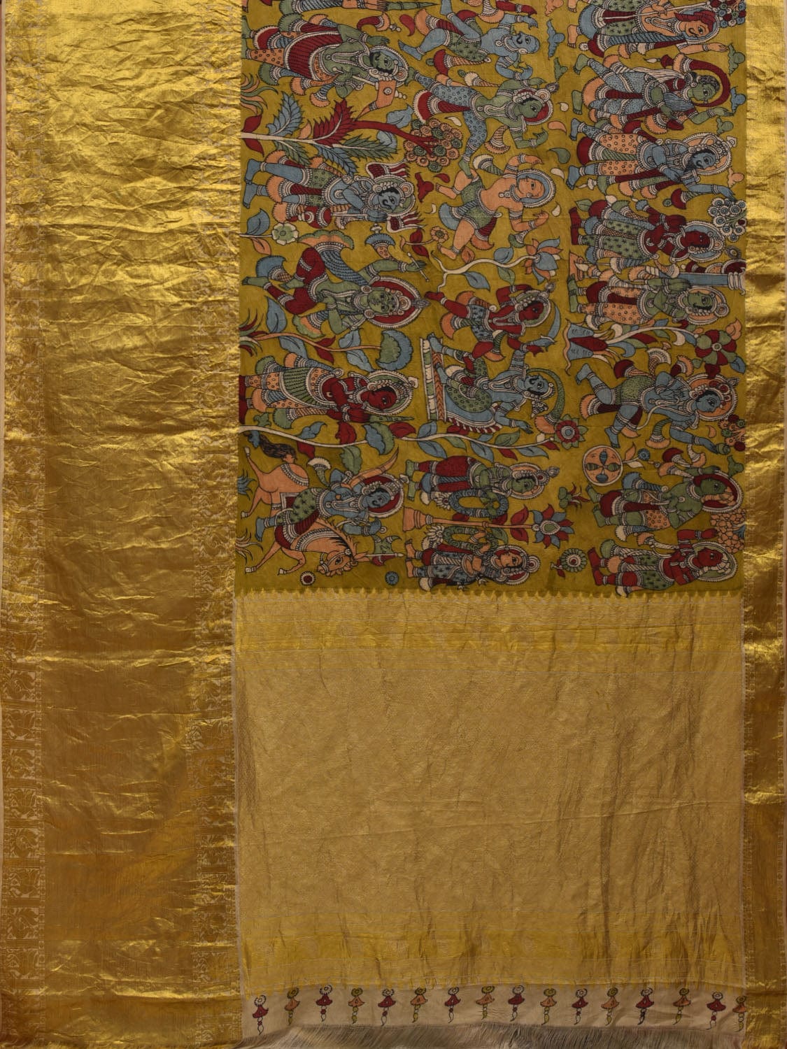 Olive Kalamkari Hand Painted Kanchipuram Silk Handloom Saree with Dashavatar Design KL0633