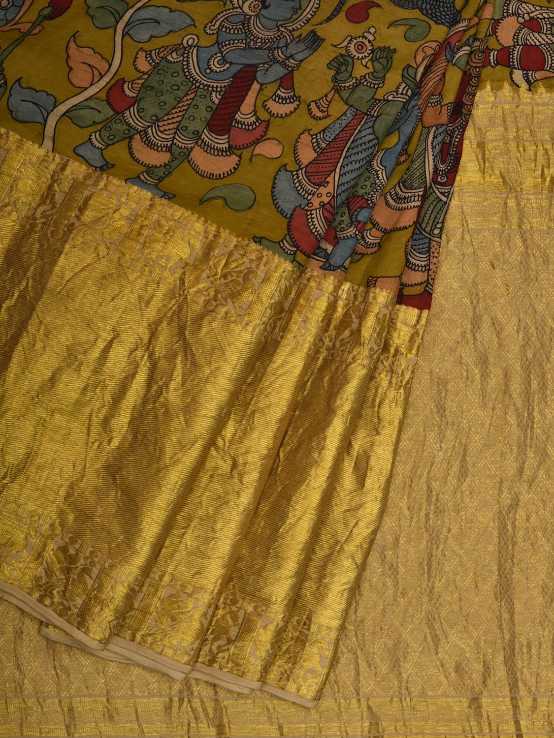 Olive Kalamkari Hand Painted Kanchipuram Silk Handloom Saree with Dashavatar Design KL0633