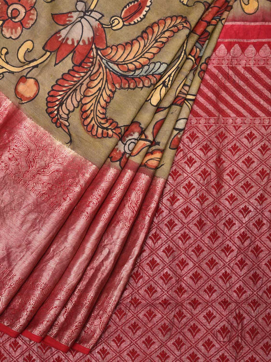 Olive Kalamkari Hand Painted Kanchipuram Silk Handloom Saree with Floral Design KL0454