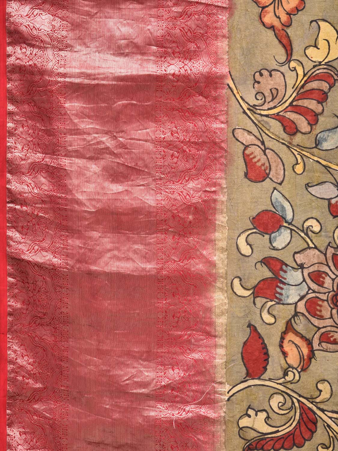 Olive Kalamkari Hand Painted Kanchipuram Silk Handloom Saree with Floral Design KL0454