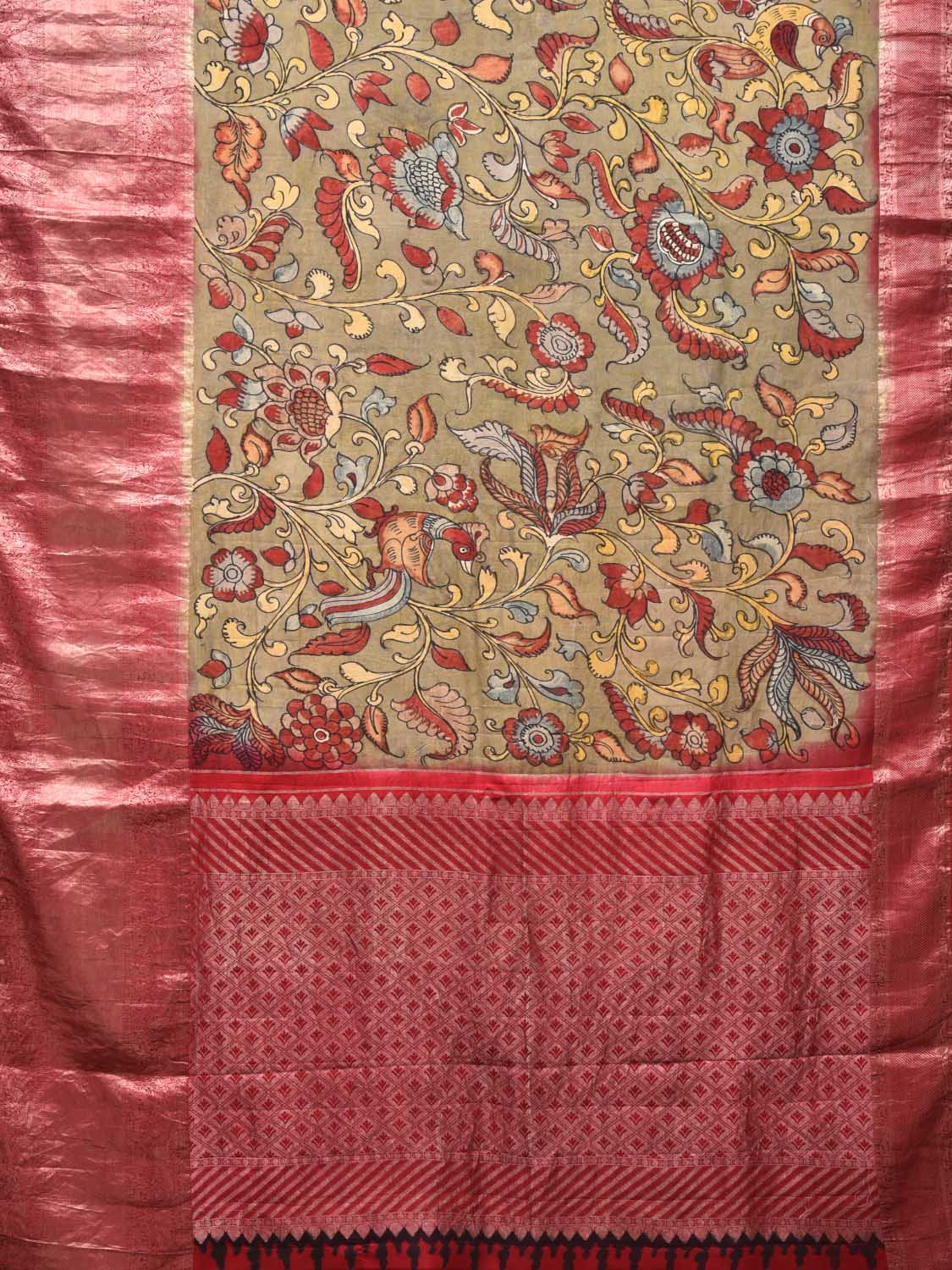 Olive Kalamkari Hand Painted Kanchipuram Silk Handloom Saree with Floral Design KL0454