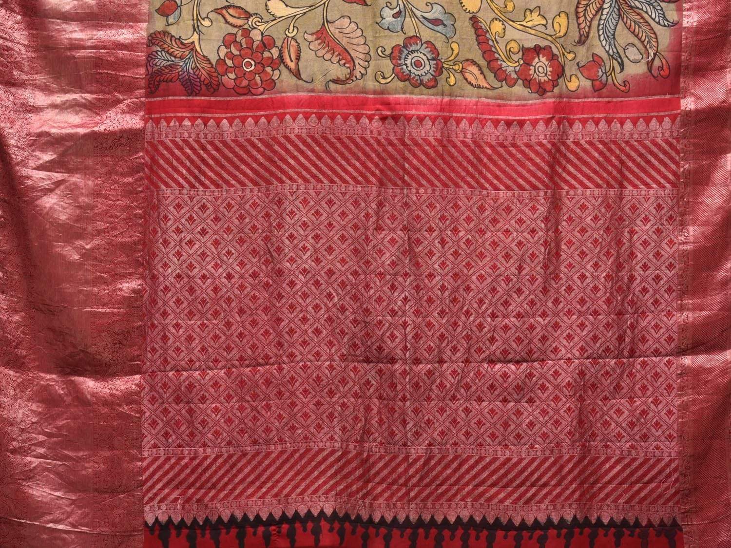 Olive Kalamkari Hand Painted Kanchipuram Silk Handloom Saree with Floral Design KL0454