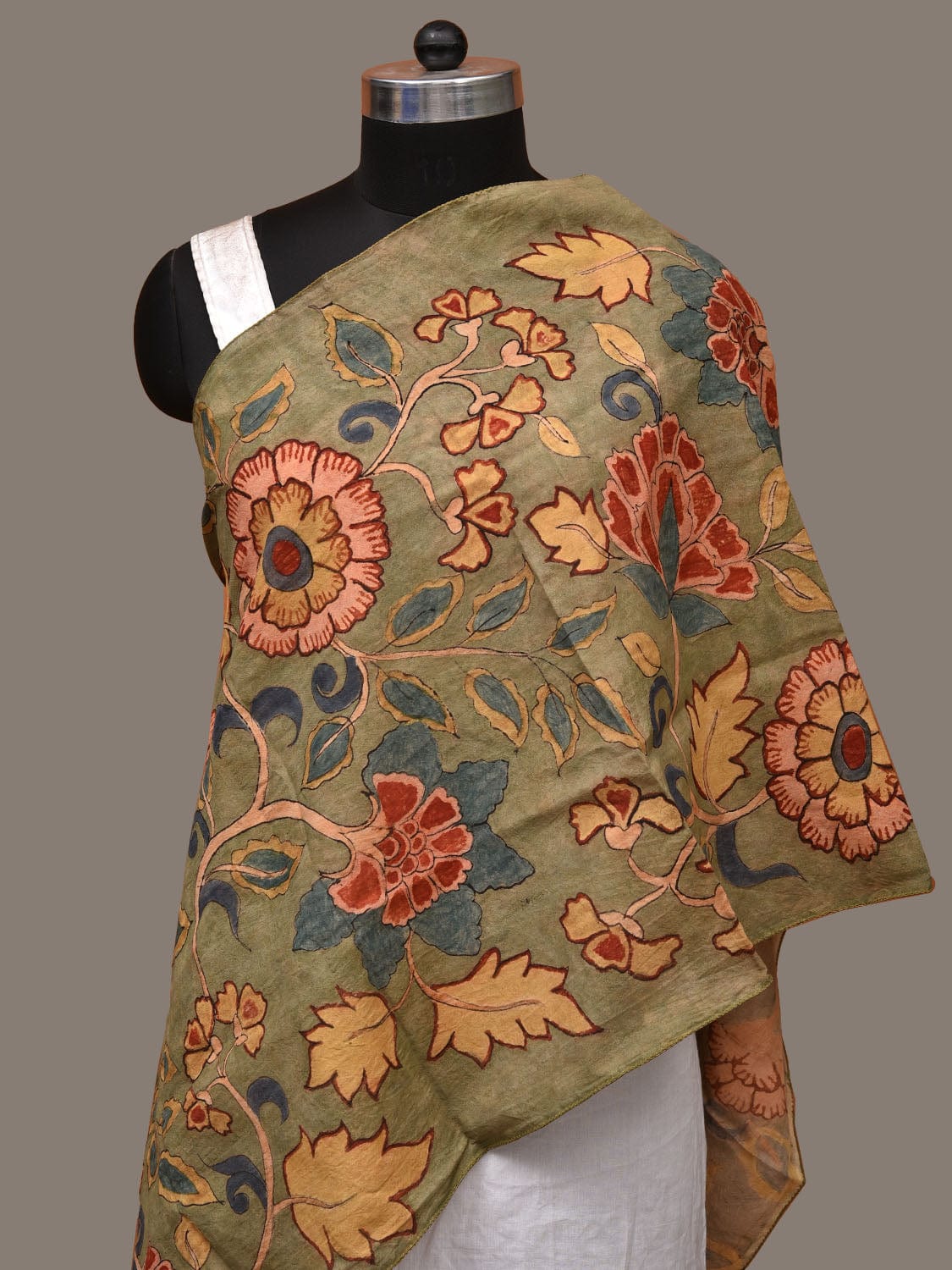 Olive Kalamkari Hand Painted Sico Stole with Floral Design ds3148