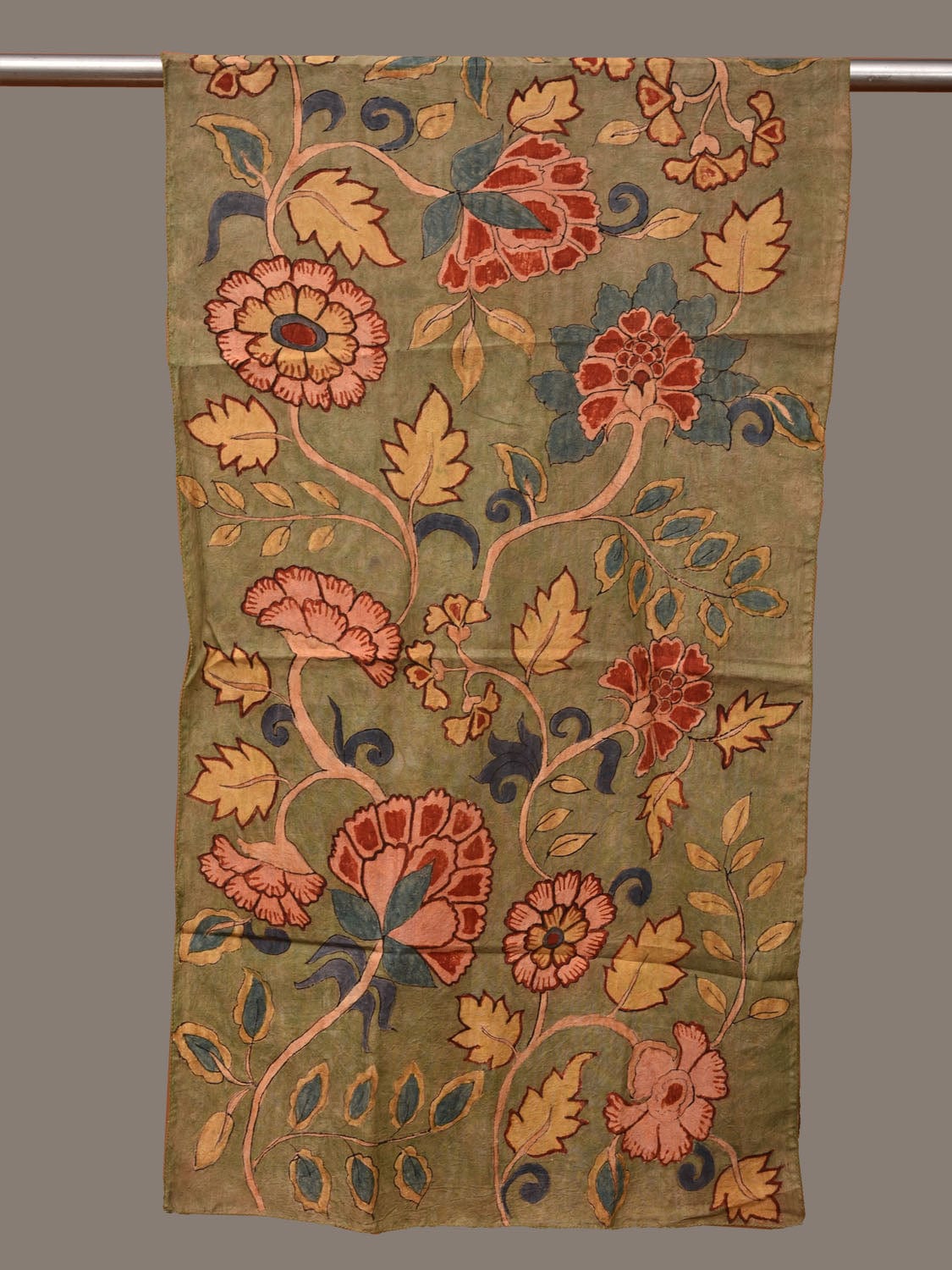 Olive Kalamkari Hand Painted Sico Stole with Floral Design ds3148
