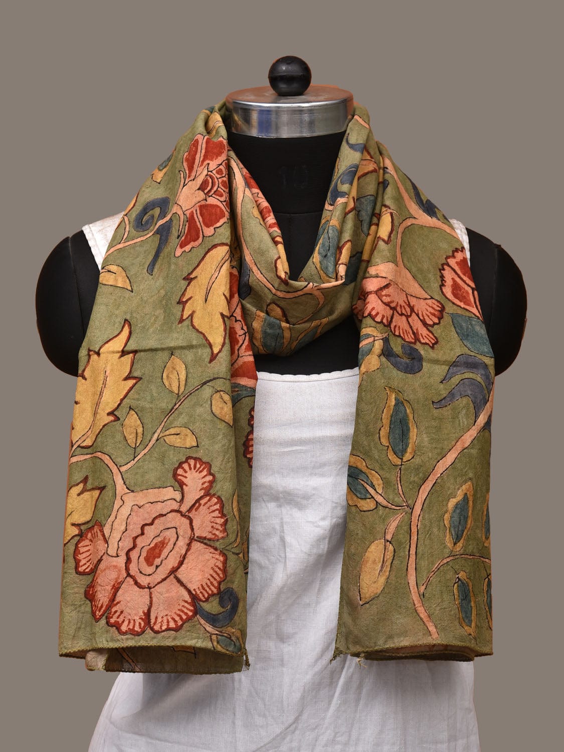 Olive Kalamkari Hand Painted Sico Stole with Floral Design ds3148
