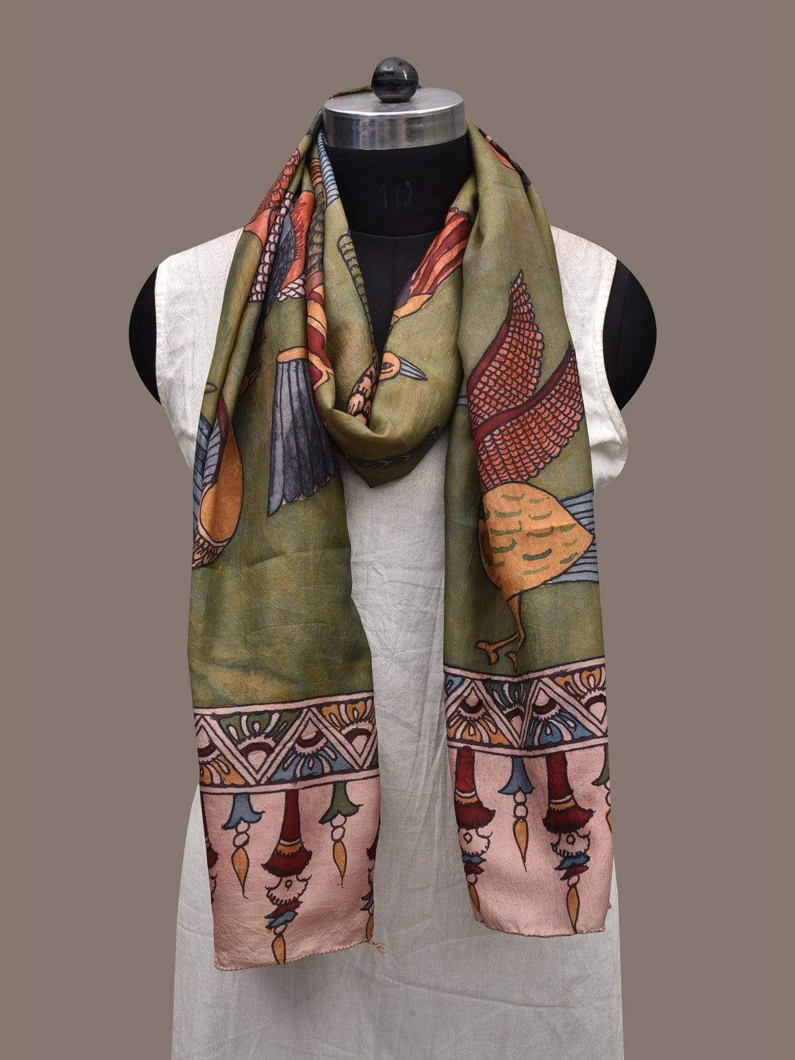 Olive Kalamkari Hand Painted Silk Handloom Stole with Birds Design ds2339