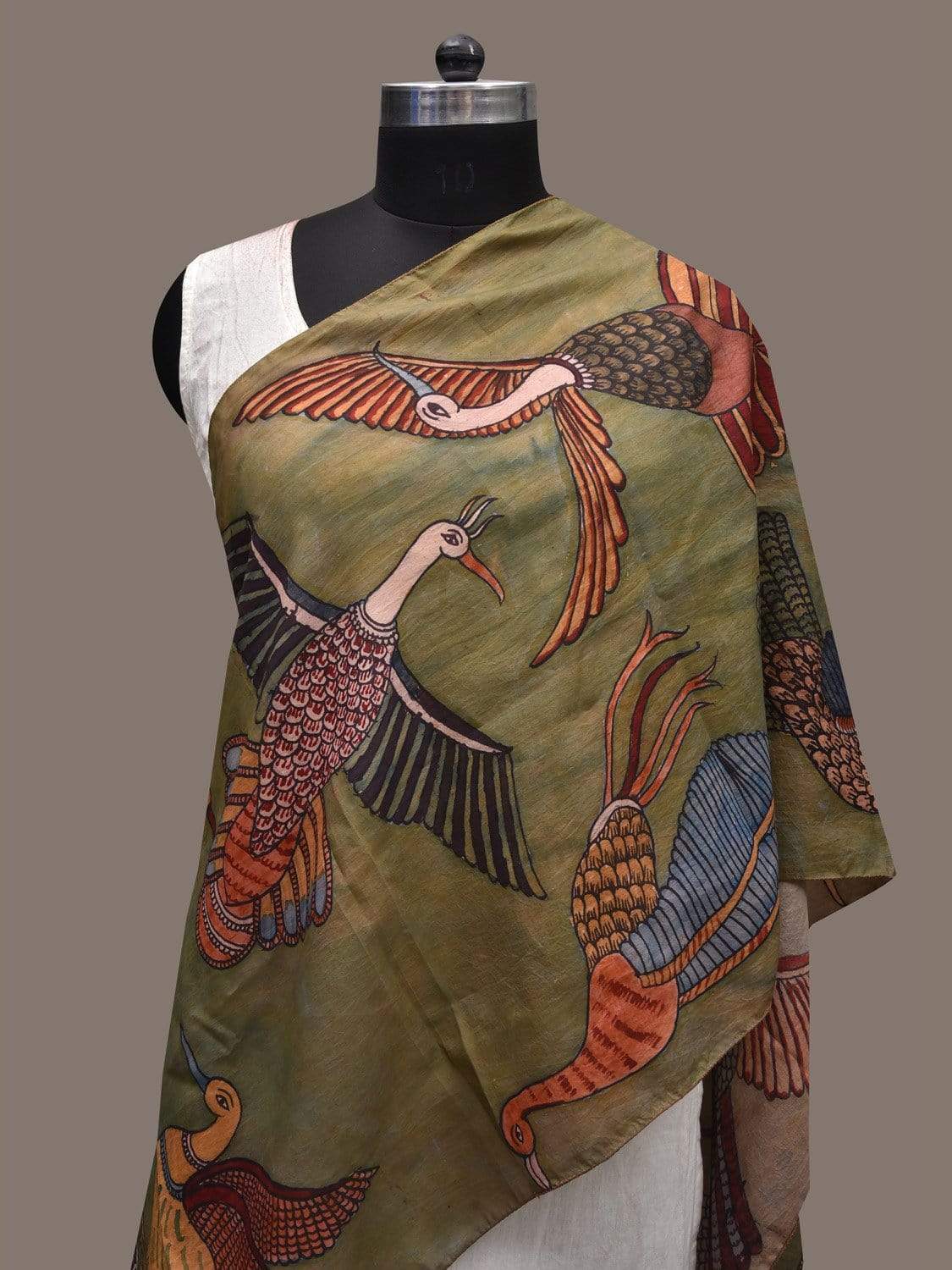 Olive Kalamkari Hand Painted Silk Handloom Stole with Birds Design ds2339