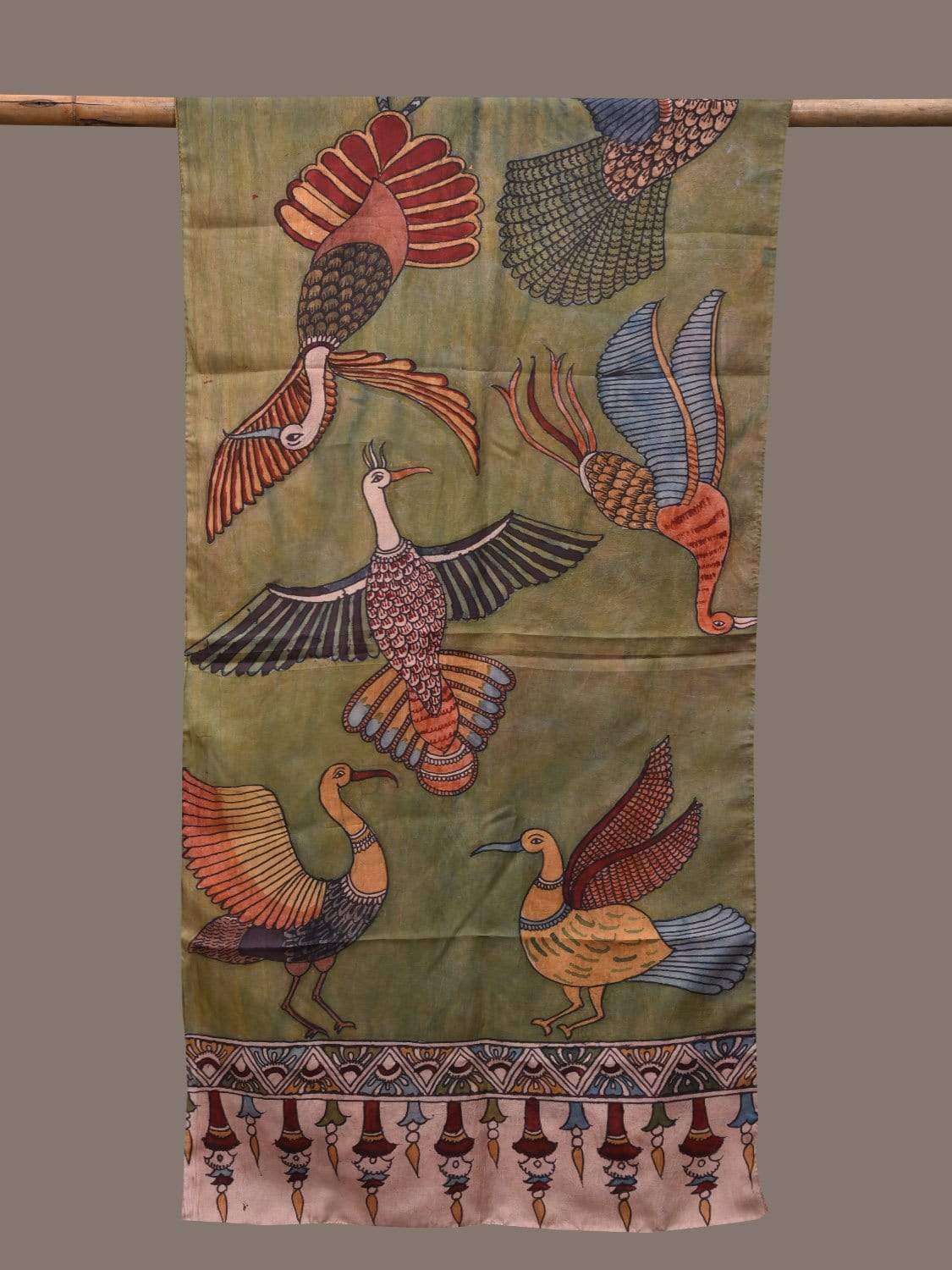 Olive Kalamkari Hand Painted Silk Handloom Stole with Birds Design ds2339