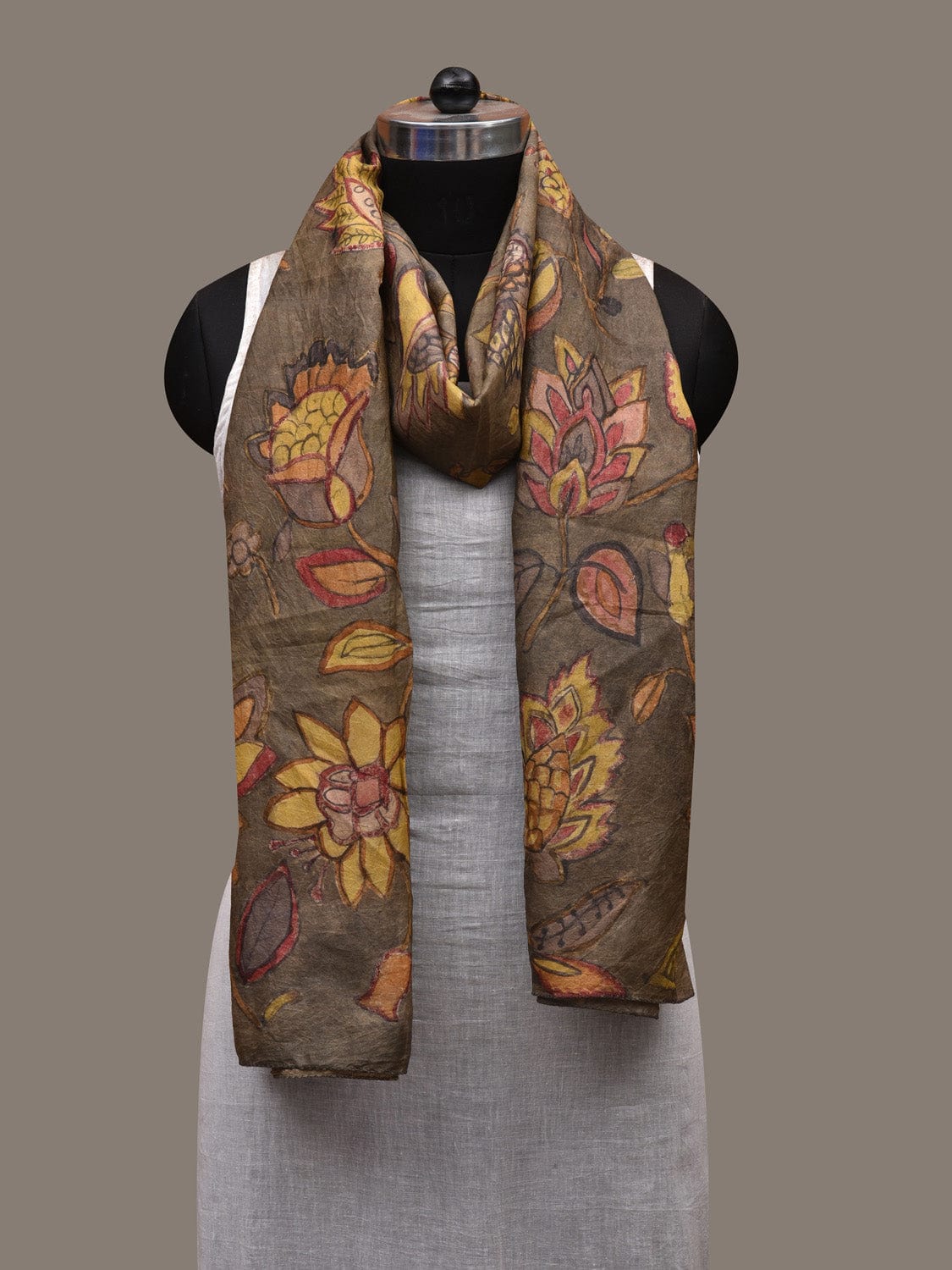 Olive Kalamkari Hand Painted Silk Handloom Stole with Floral Design ds2756
