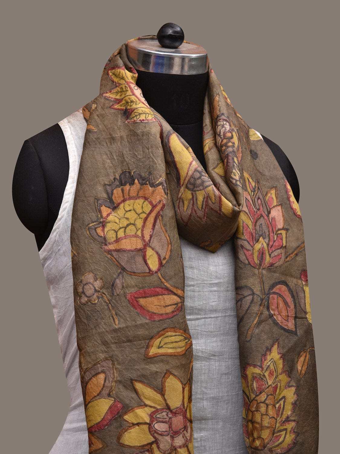 Olive Kalamkari Hand Painted Silk Handloom Stole with Floral Design ds2756