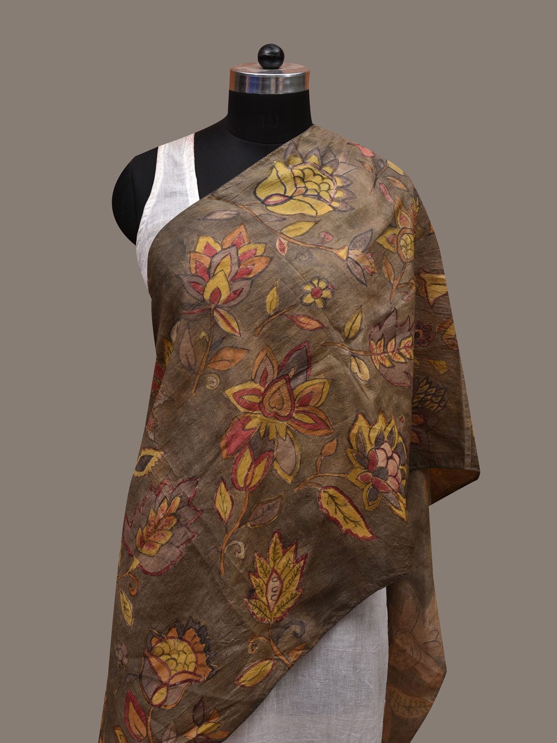 Olive Kalamkari Hand Painted Silk Handloom Stole with Floral Design ds2756