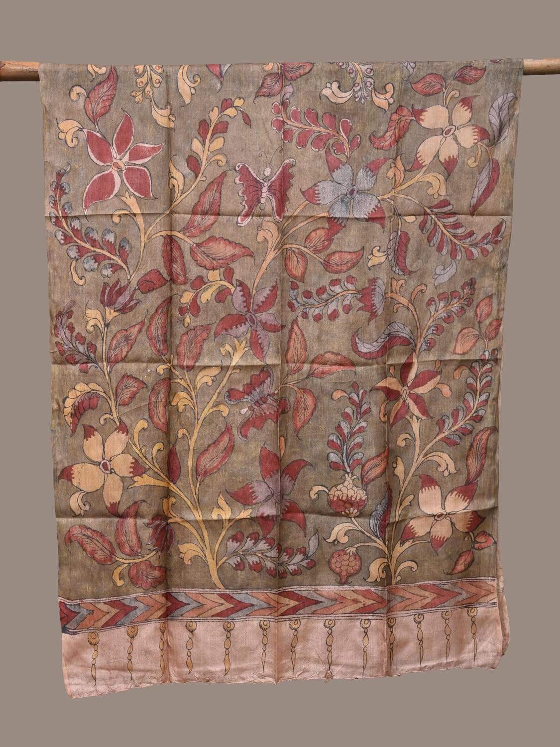 Olive Kalamkari Hand Painted Tussar Handloom Dupatta with Flowers Design ds2239