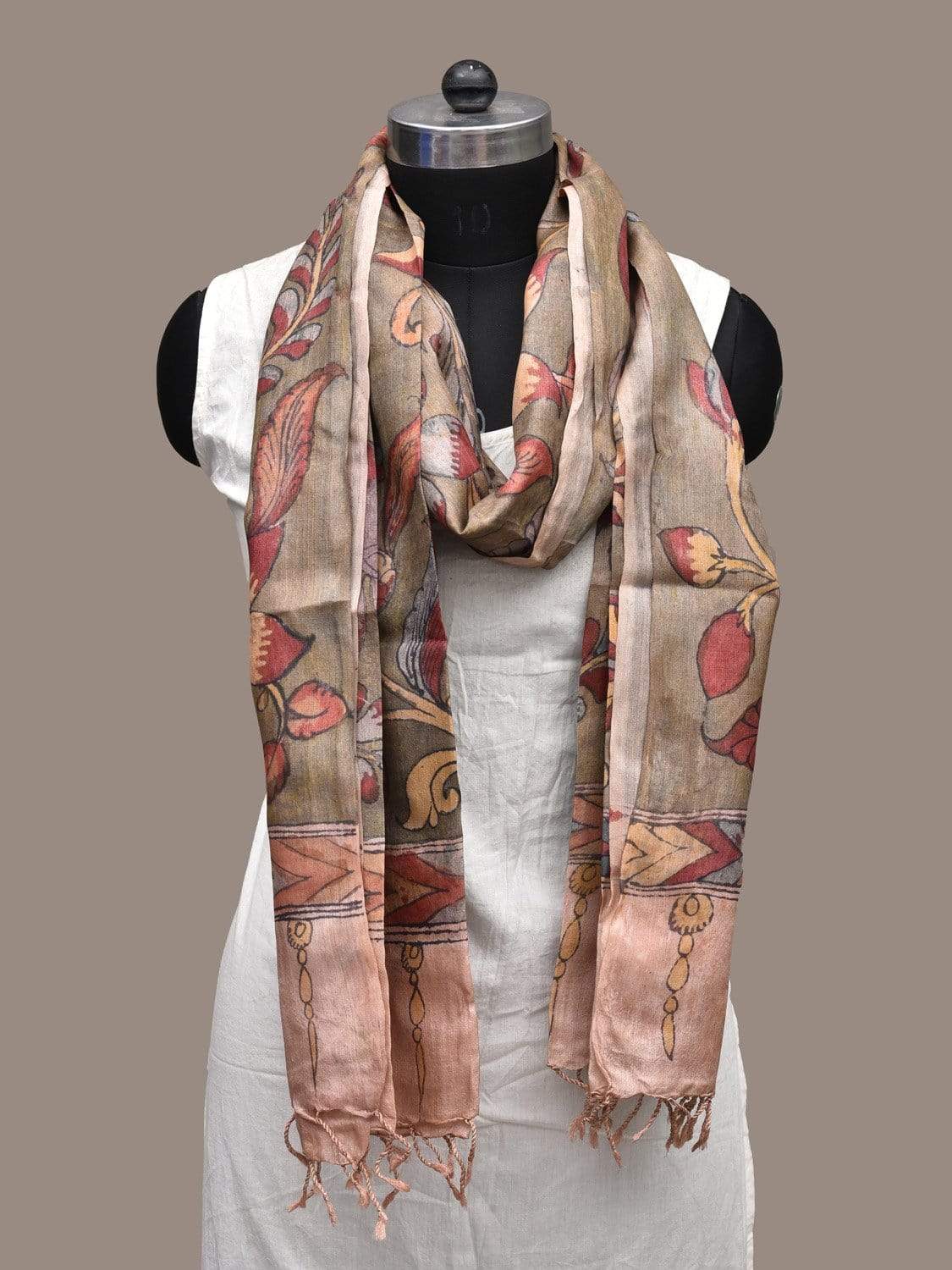 Olive Kalamkari Hand Painted Tussar Handloom Dupatta with Flowers Design ds2239