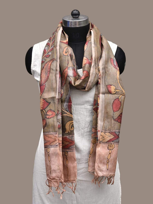 Olive Kalamkari Hand Painted Tussar Handloom Dupatta with Flowers Design ds2239