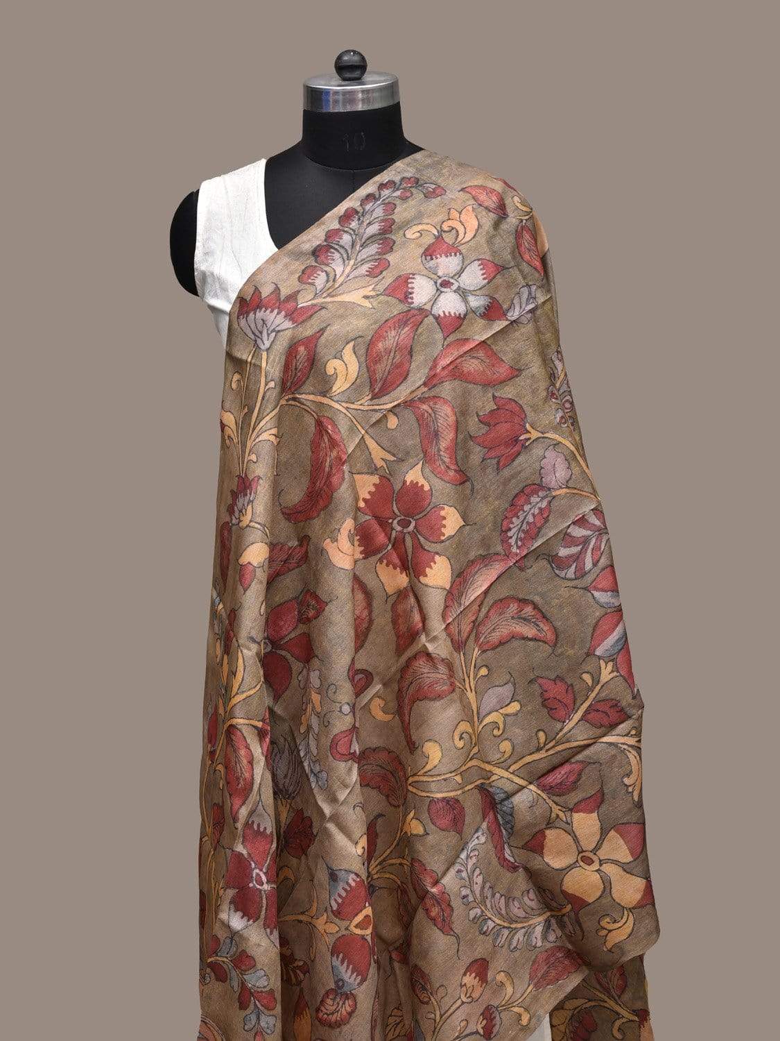 Olive Kalamkari Hand Painted Tussar Handloom Dupatta with Flowers Design ds2239
