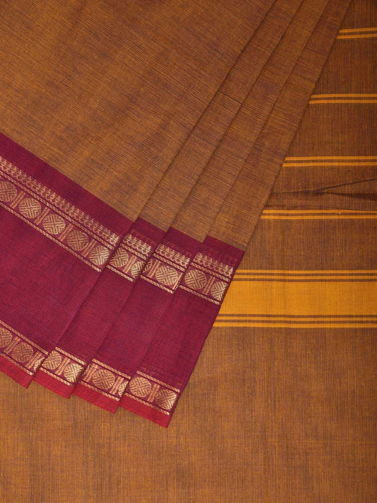 Olive Kanchipuram Cotton Plain Saree with Ganga-Jamuna Border Design Kalamkari Blouse k0822