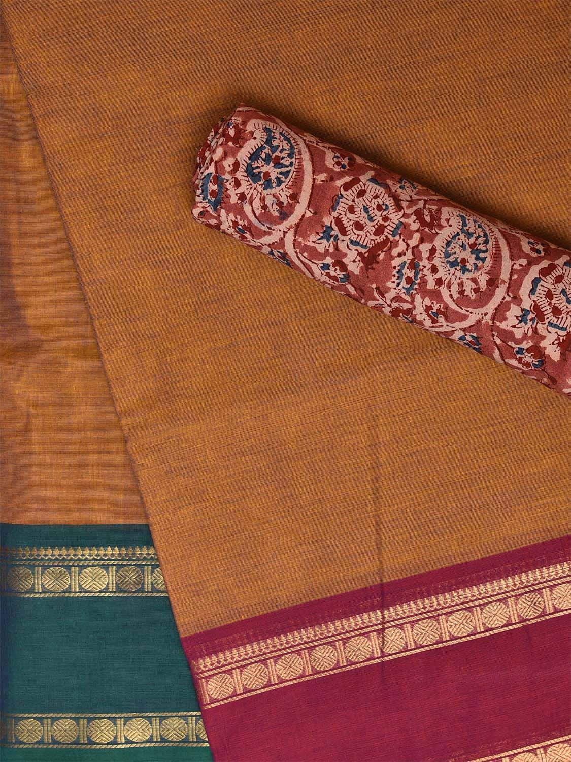 Olive Kanchipuram Cotton Plain Saree with Ganga-Jamuna Border Design Kalamkari Blouse k0822