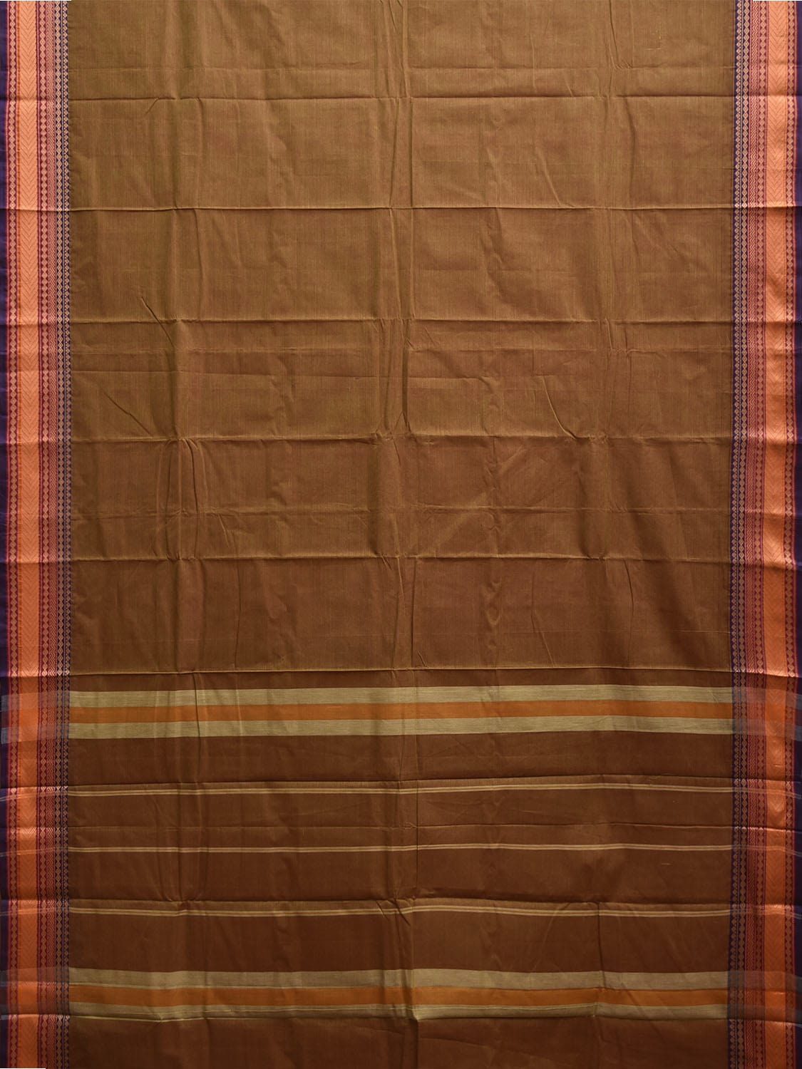Olive Kanchipuram Cotton Plain Saree with Strips and Border Design k0853