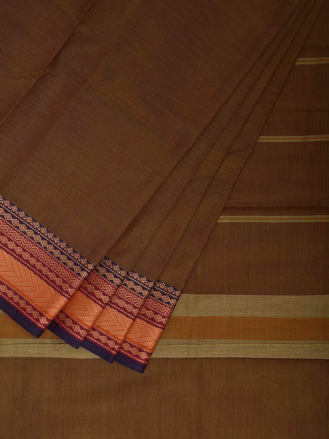 Olive Kanchipuram Cotton Plain Saree with Strips and Border Design k0853