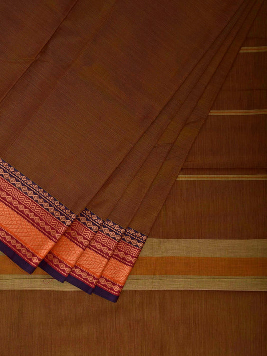 Olive Kanchipuram Cotton Plain Saree with Strips and Border Design k0853