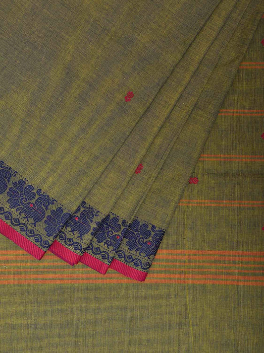 Olive Kanchipuram Cotton Saree with Peacocks Border Design k0813