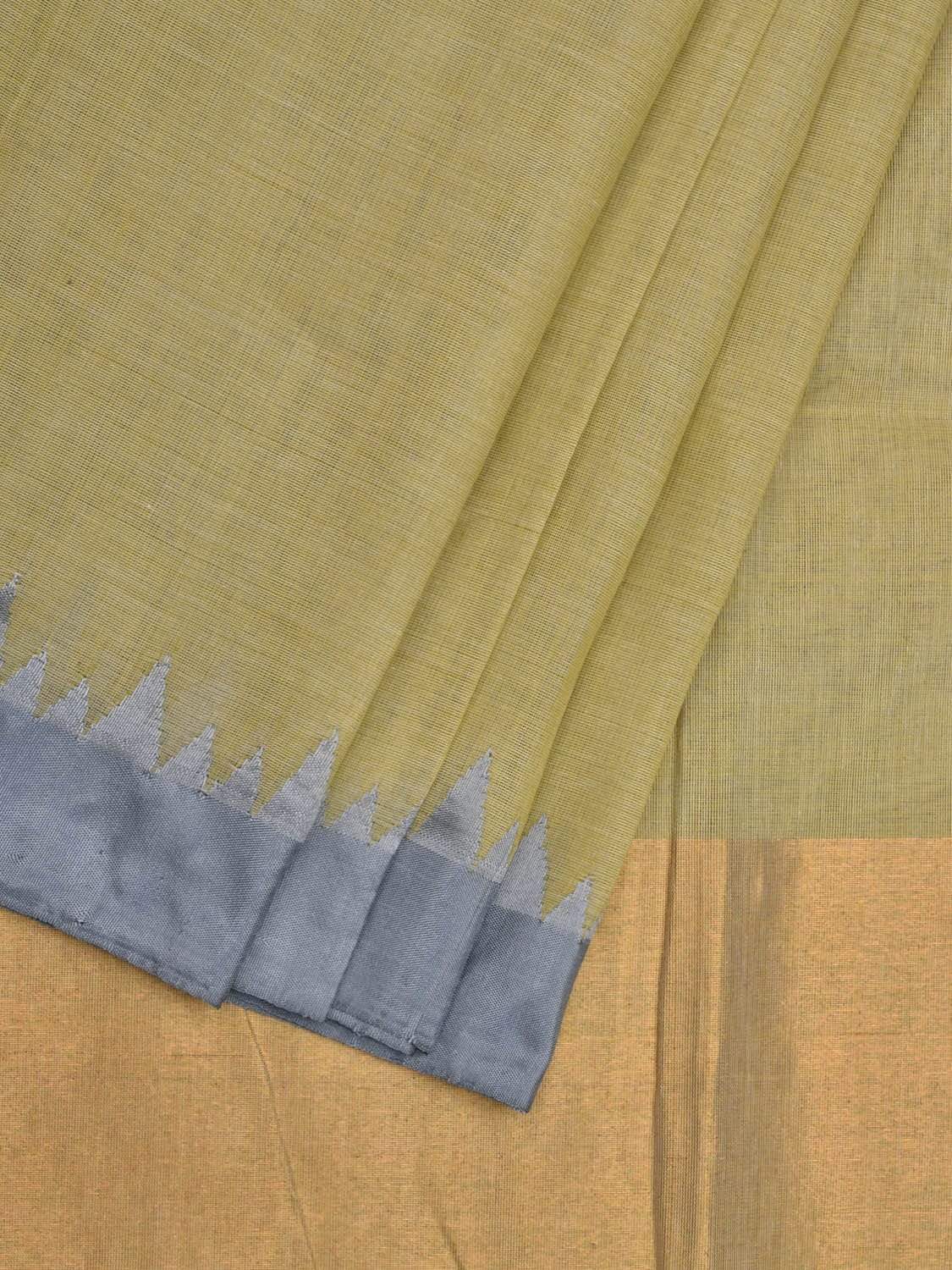 Olive Khadi Cotton Handloom Plain Saree with Temple Border Design kh0534
