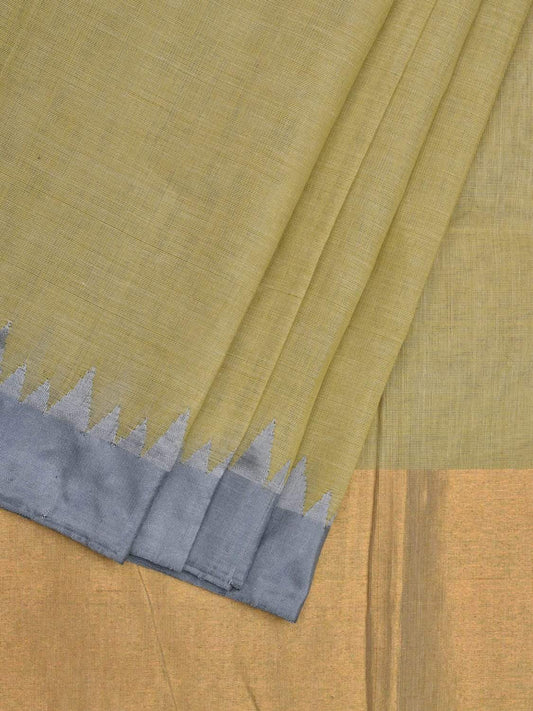 Olive Khadi Cotton Handloom Plain Saree with Temple Border Design kh0534