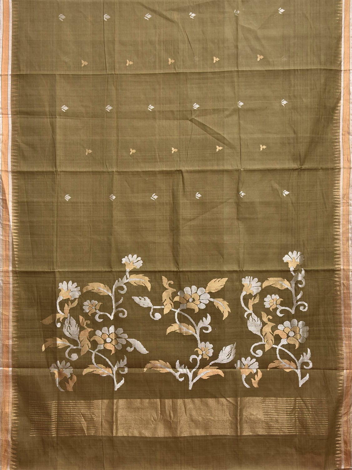 Olive Khadi Cotton Handloom Saree with Floral Pallu Design kh0717