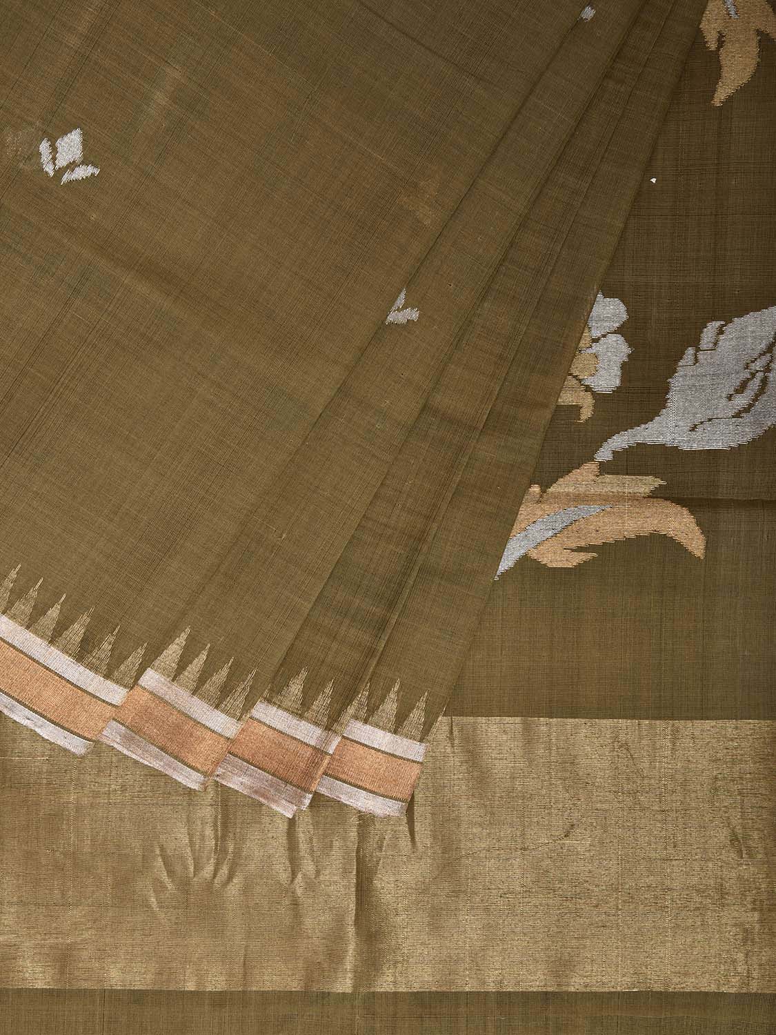 Olive Khadi Cotton Handloom Saree with Floral Pallu Design kh0717