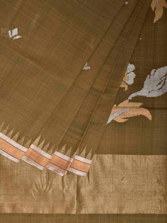 Olive Khadi Cotton Handloom Saree with Floral Pallu Design kh0717