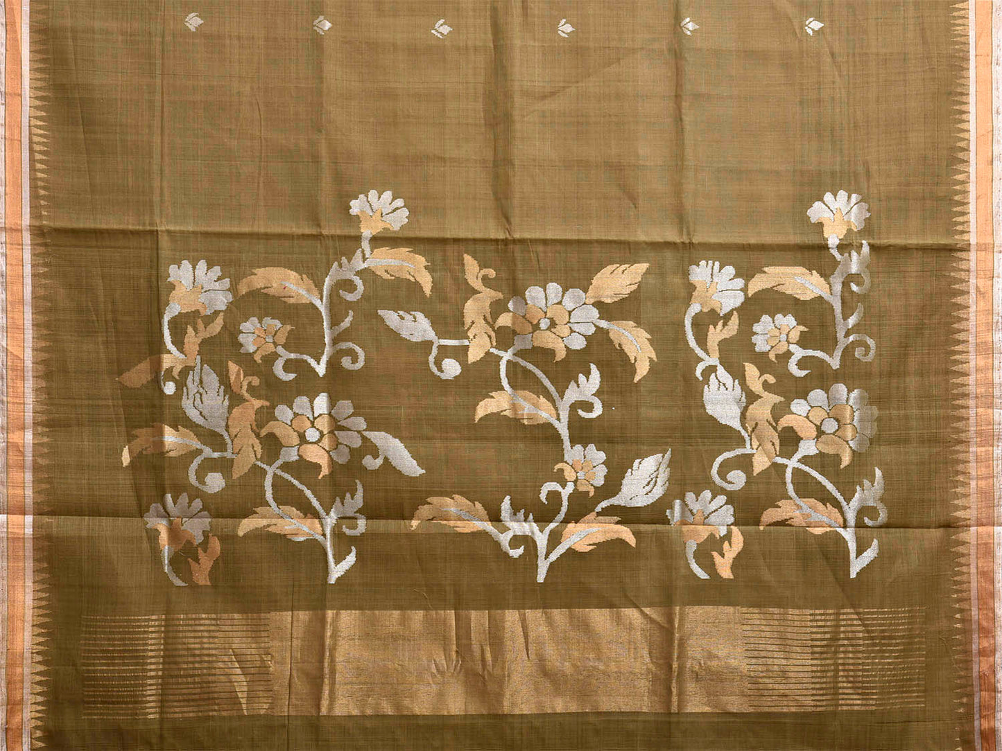Olive Khadi Cotton Handloom Saree with Floral Pallu Design kh0717