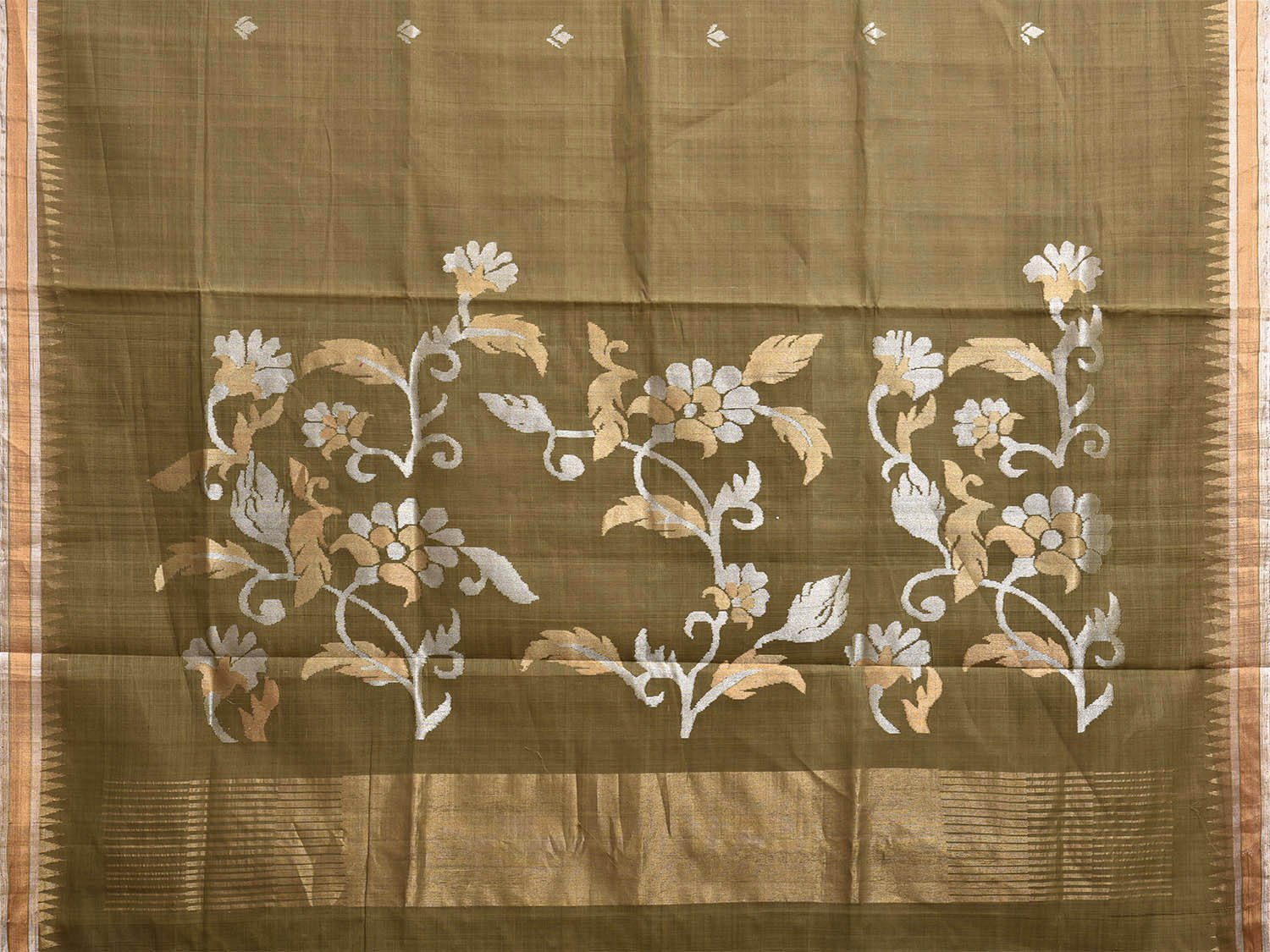 Olive Khadi Cotton Handloom Saree with Floral Pallu Design kh0717