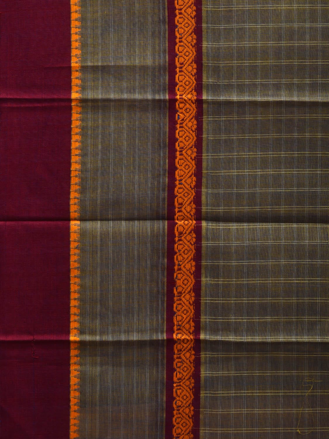 Olive Narayanpet Cotton Handloom Plain Saree with Checks Design No Blouse np0555