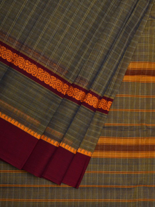 Olive Narayanpet Cotton Handloom Plain Saree with Checks Design No Blouse np0555
