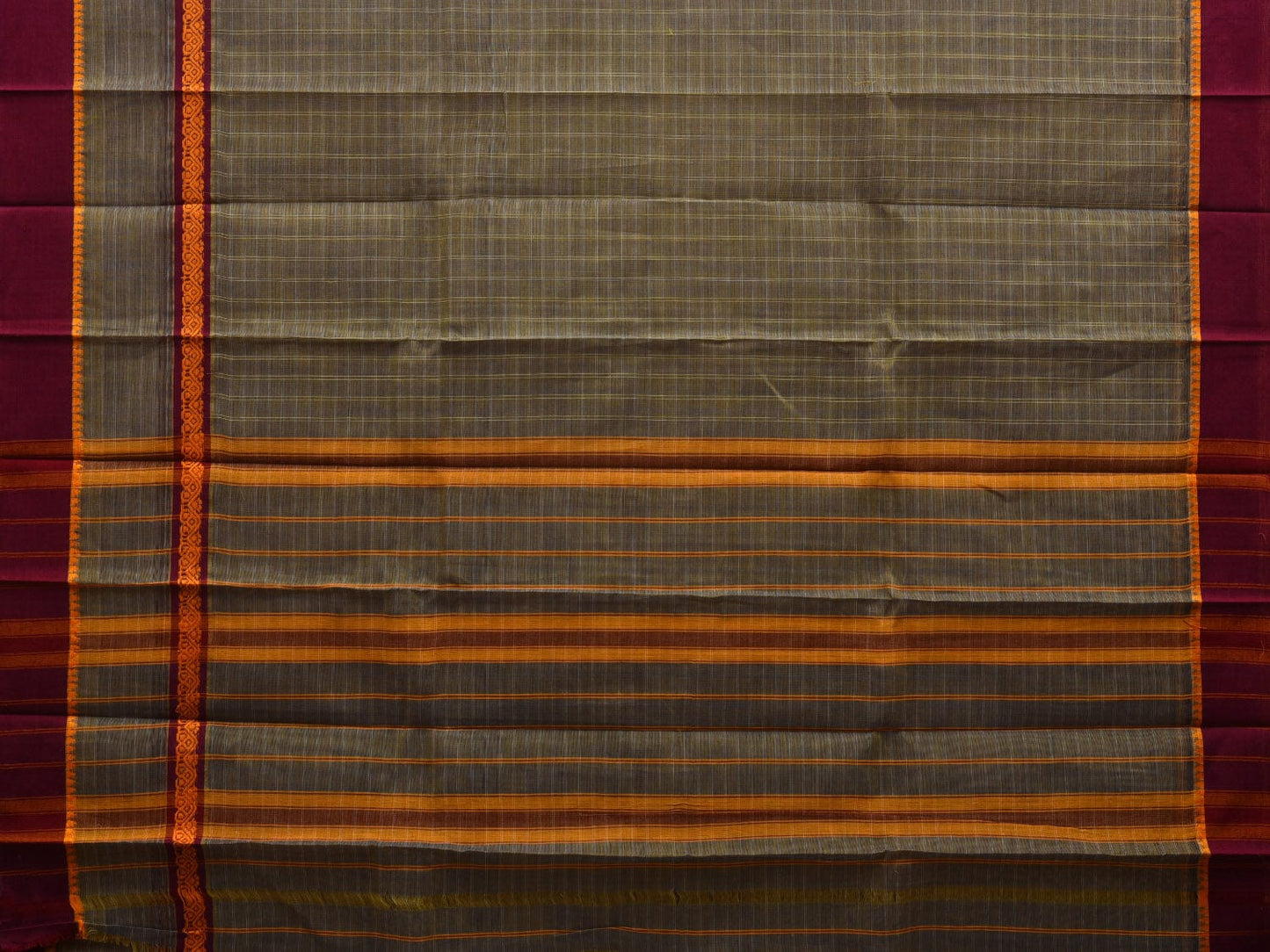 Olive Narayanpet Cotton Handloom Plain Saree with Checks Design No Blouse np0555