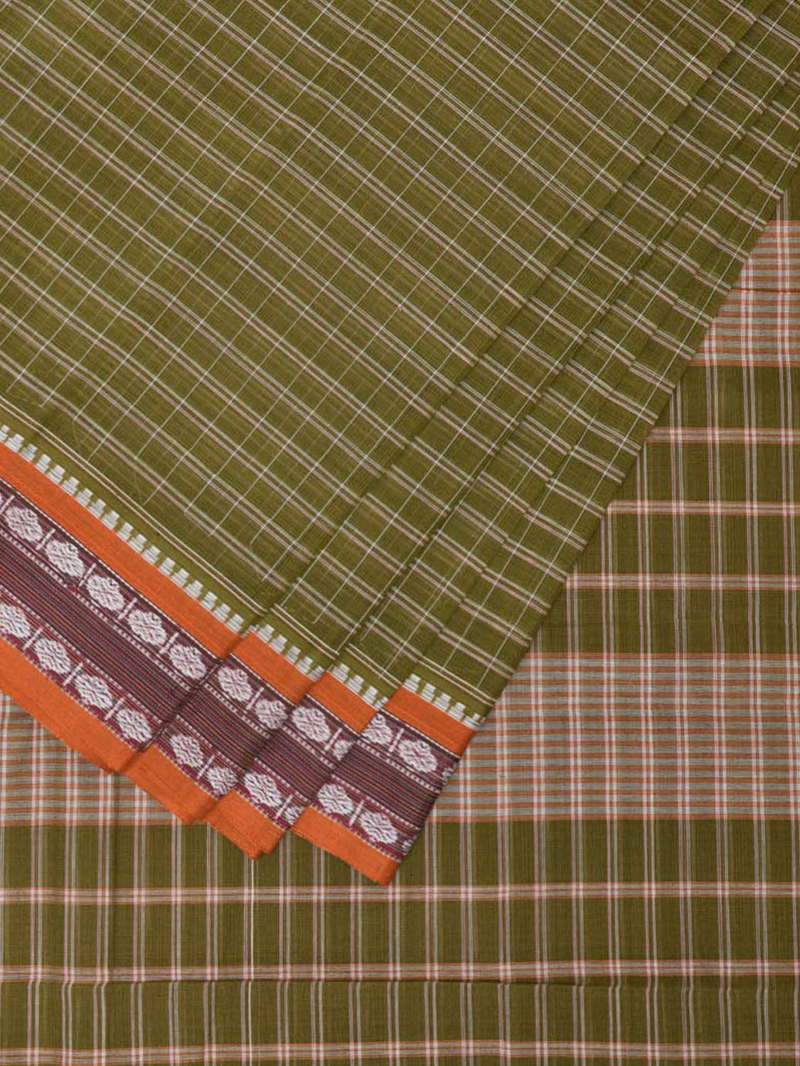 Olive Narayanpet Cotton Handloom Saree with Check Design No Blouse np0709