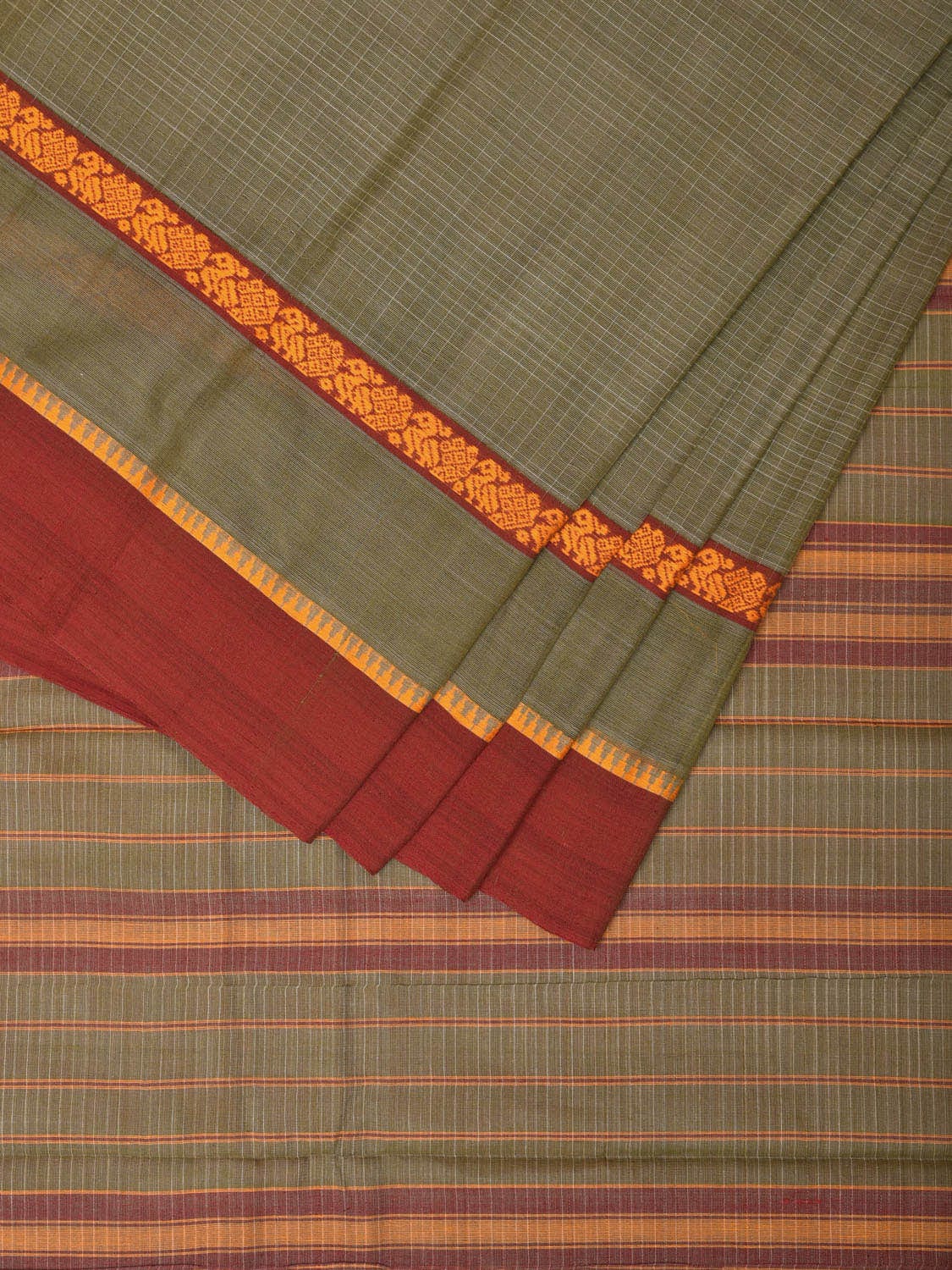 Olive Narayanpet Cotton Handloom Saree with Checks and Big Border Design No Blouse np0722