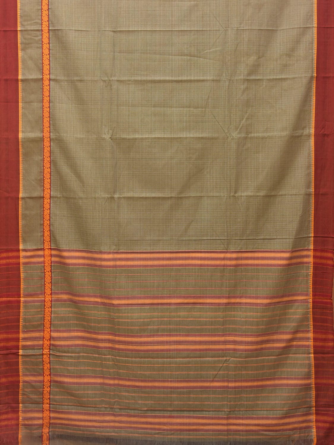 Olive Narayanpet Cotton Handloom Saree with Checks and Big Border Design No Blouse np0722