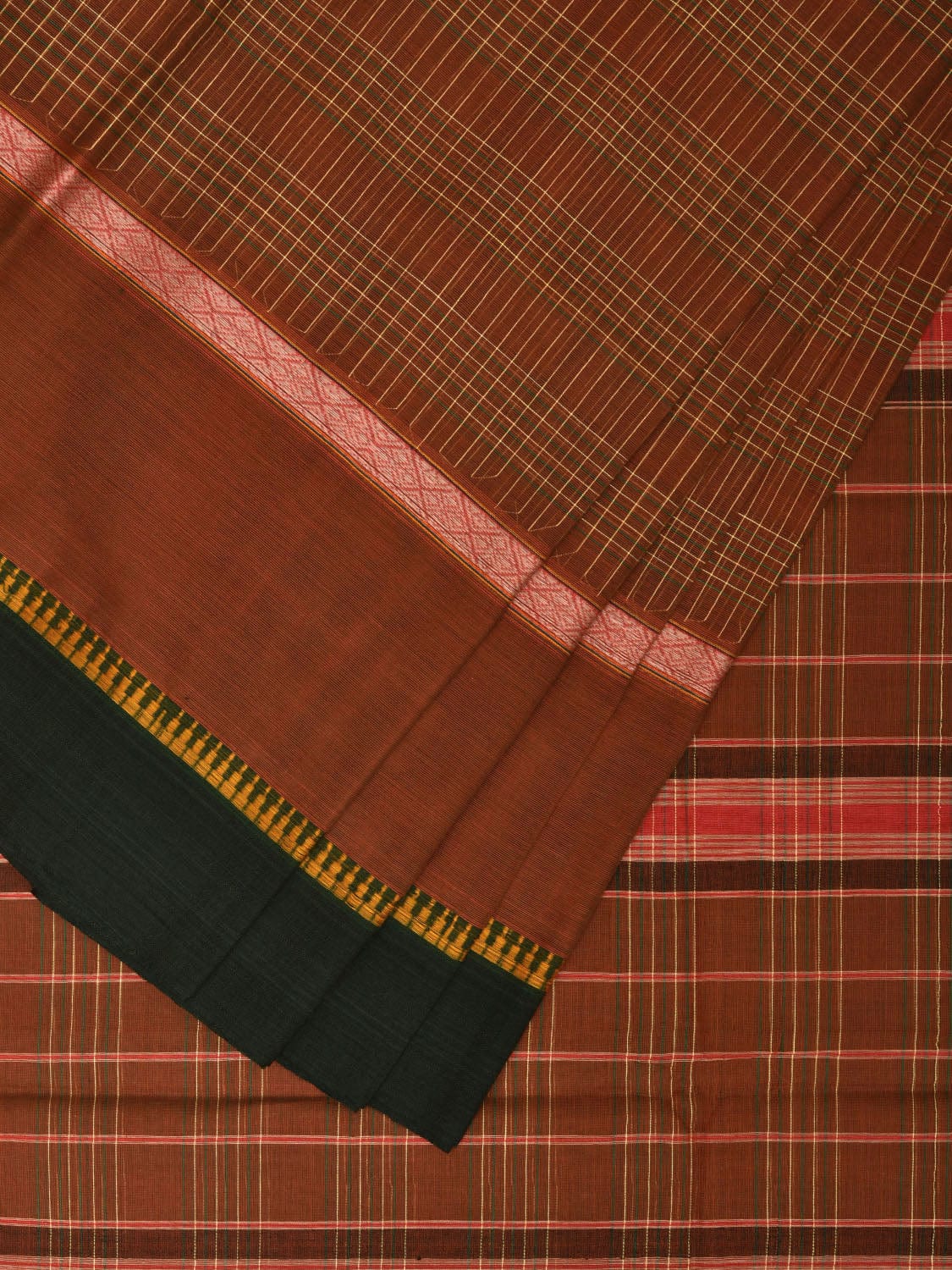 Olive Narayanpet Cotton Handloom Saree with Checks and Big Border Design No Blouse np0858