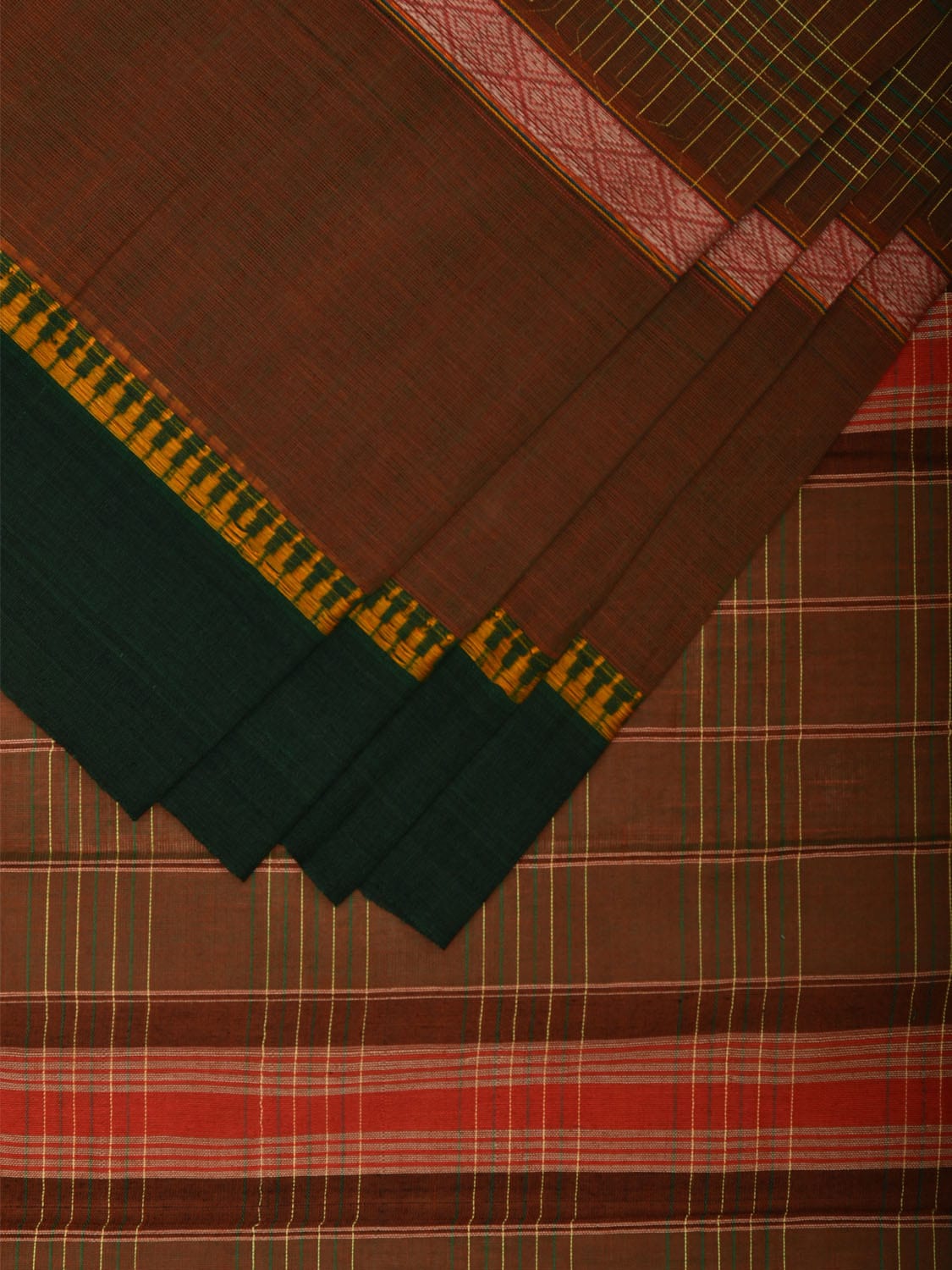 Olive Narayanpet Cotton Handloom Saree with Checks and Big Border Design No Blouse np0891