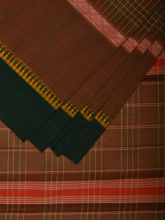Olive Narayanpet Cotton Handloom Saree with Checks and Big Border Design No Blouse np0891