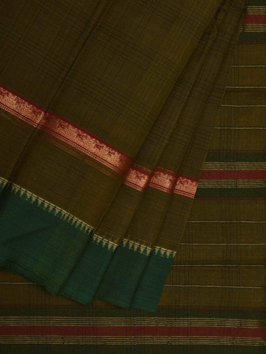 Olive Narayanpet Cotton Handloom Saree with Checks Design No Blouse np0476