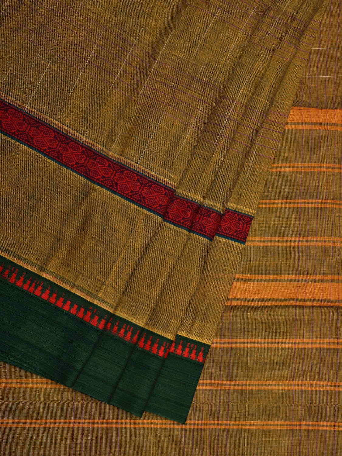 Olive Narayanpet Cotton Handloom Saree with Checks Design No Blouse np0561