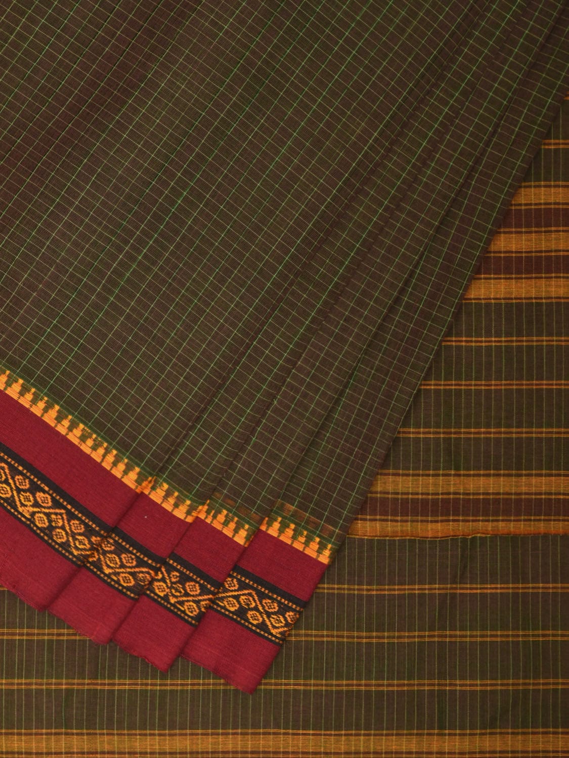 Olive Narayanpet Cotton Handloom Saree with Checks Design No Blouse np0864