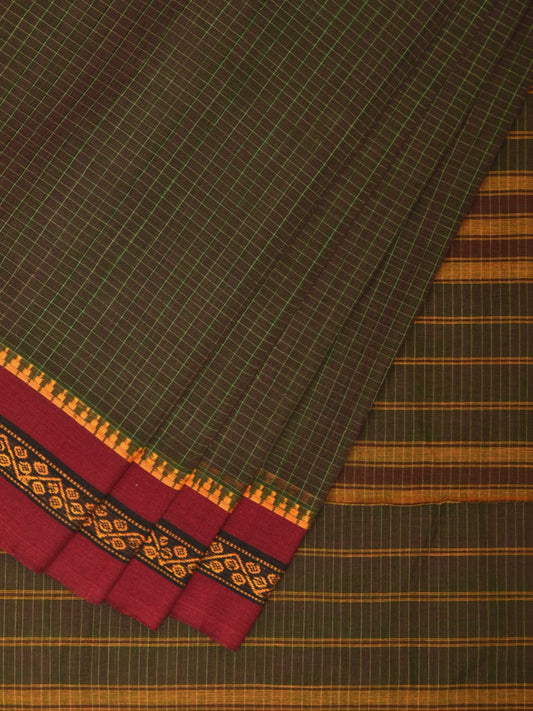 Olive Narayanpet Cotton Handloom Saree with Checks Design No Blouse np0864