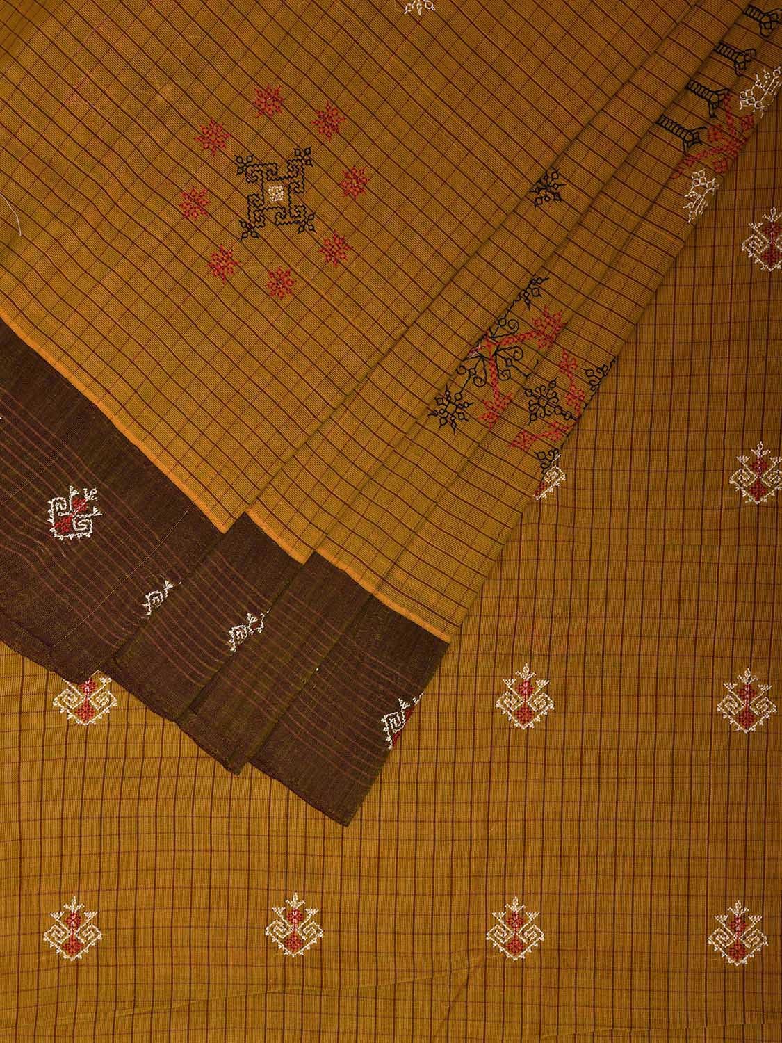 Olive Narayanpet Cotton Handloom Saree with Kasuti Work and Checks Design o0671