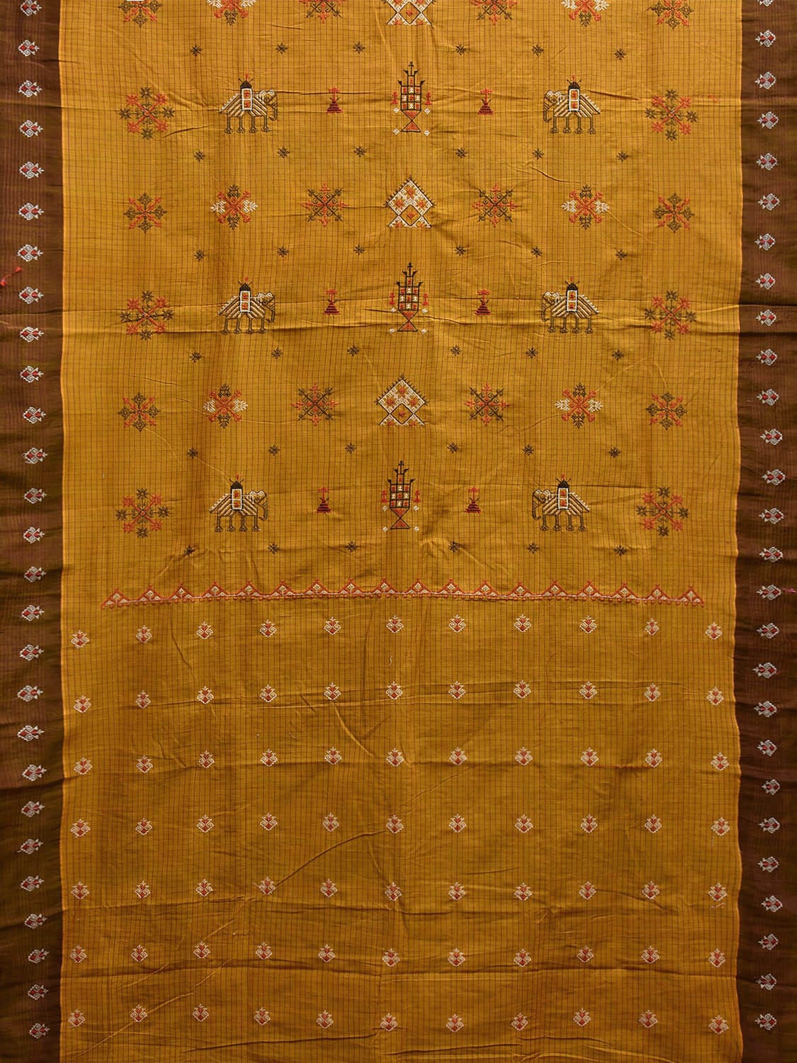Olive Narayanpet Cotton Handloom Saree with Kasuti Work and Checks Design o0671