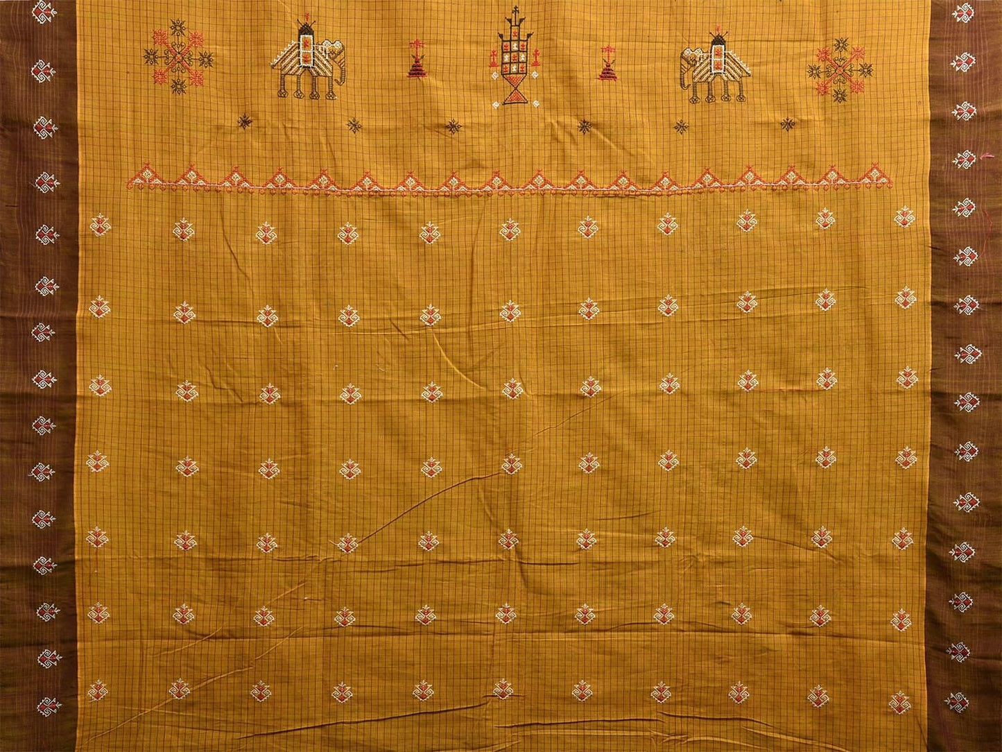 Olive Narayanpet Cotton Handloom Saree with Kasuti Work and Checks Design o0671